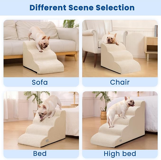 Airpanda Dog Steps for Bed, 4 Step Pet Stairs for Small and Medium Dogs, Non-Slip Dog Ramp with Washable Cover, High-Density Support Foam for Easy Climbing,Beige