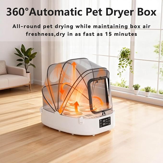 Updated Automatic Pet Dryer Box with 86CFM Dual Fans, 60L Foldable Design, 360° Quiet Airflow, Temperature/Time Control – Grooming Hair Blower for Dogs, Cats & Puppies