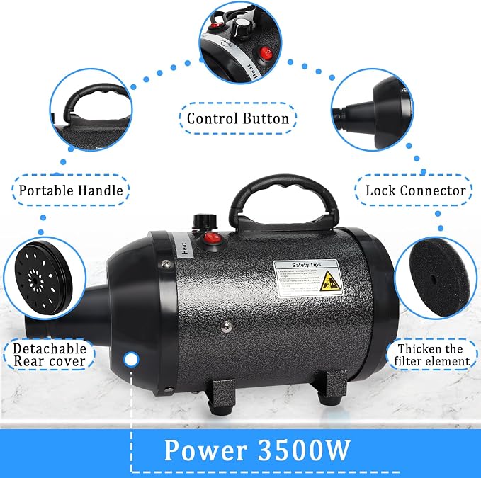 Dog Dryer for Large Dogs 5.2HP 3800W High Velocity Pet Hair Dryers | with Heater for Grooming, Spind Temperature Adjustable Pet Dryer Machine with 4 Nozzles (Black)