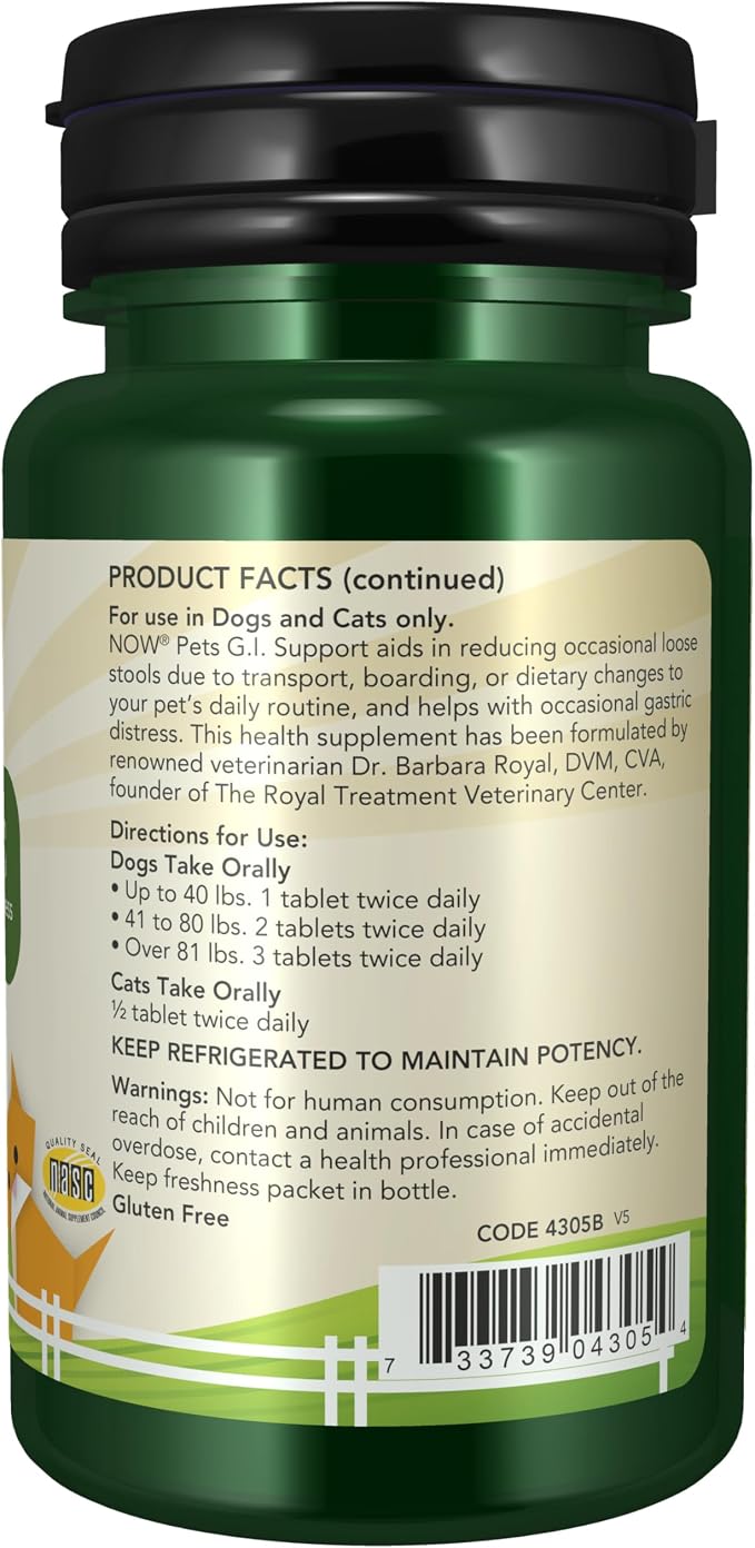 Now Pet Health, G.I. Support Supplement, Formulated for Cats & Dogs, NASC Certified, 90 Chewable Tablets (Pack of 12)