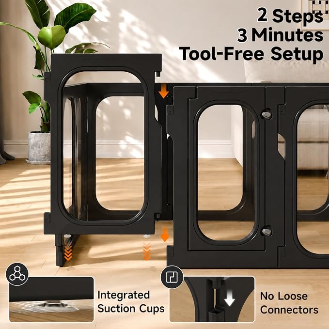 Acrylic Clear Dog Playpen Indoor with Door, 26'' H Transparent Dog Play Pen for Small Dogs, No-Connector Modular Puppy Playpen with Integrated Suction Cups Base, 10 Panels, Black