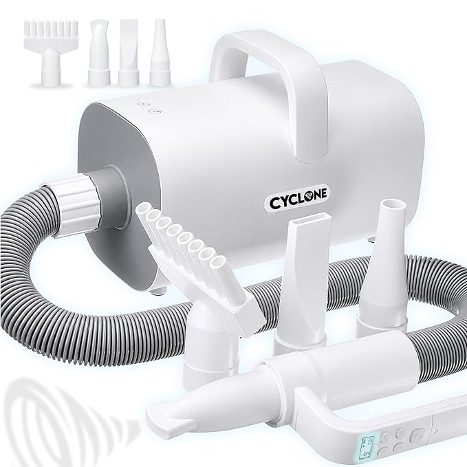 CYCLONE v4® Professional HIGH POWER Velocity Force Dog Hair Blow Dryer for Pet Grooming | Quiet Motor with Adjustable Heat and Speed | 4 Drying Attachments Included