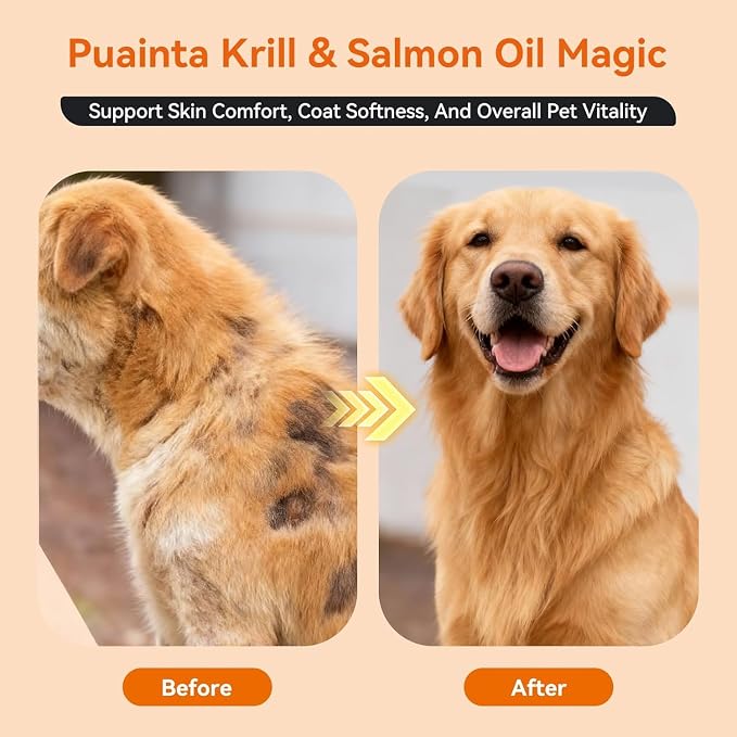 PUAINTA Omega 3 Fish Oil for Dogs & Cats, Salmon & Krill Oil with EPA DHA