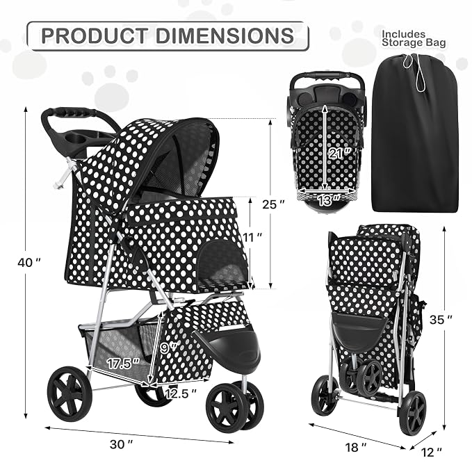 MoNiBloom 3-Wheel Foldable Pet Stroller - Black Polka Dots