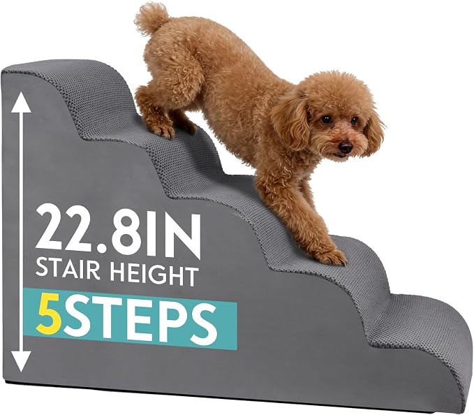 Dog Stairs for Small Dogs, 22.8" H Pet Stairs 5-Steps Ramp for Puppy, Older Cat, Stairs with Whole 30D High Density Foam, Corduroy Fabric, Non-Slip Bottom Dog Steps for Bed and Couch (Grey, 5-Step)