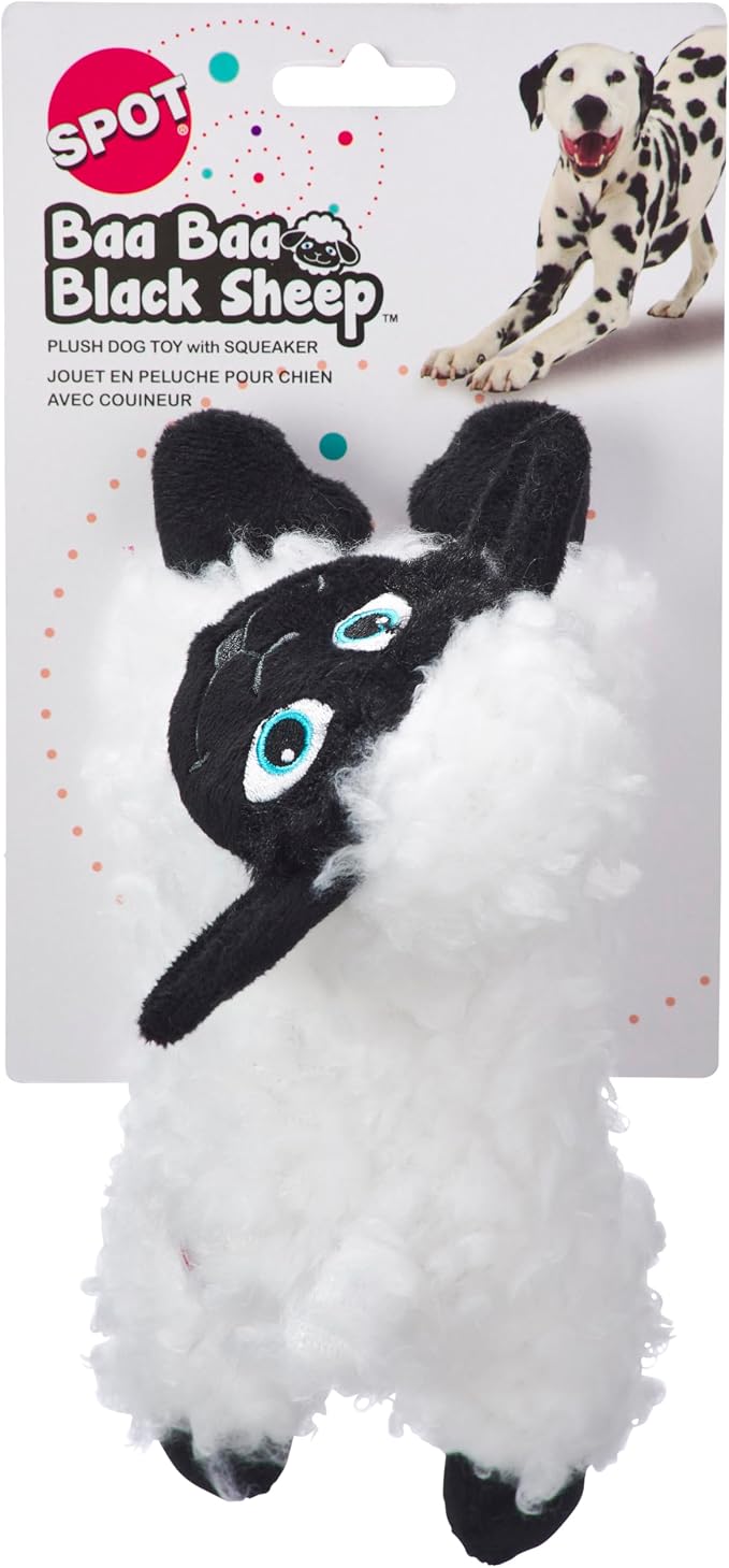 SPOT Baa Baa Black Sheep Plush Dog Toy - Cute and Cuddly Fleece Toy with Squeaker for Small Dogs and Puppies, 8in Black and White Lamb
