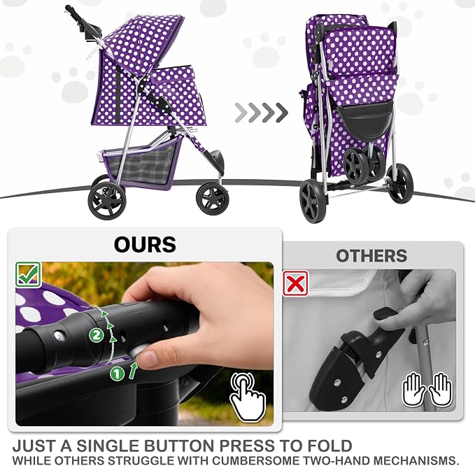 MoNiBloom Foldable Pet Stroller - Purple Polka Dots, 3 Wheels