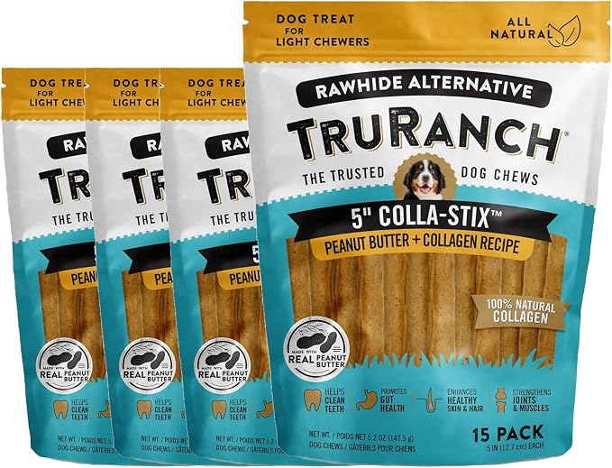TRURANCH Collagen Sticks - 5" Collagen Sticks for Dogs - Long Lasting Healthy Joint Support - Rawhide Alternative - Skin & Coat Health - Made with Real Peanut Butter, Value Pack, 15 Bags, 225 Count
