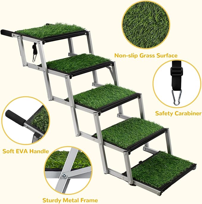 Dog Stairs for Car, Portable Folding Dog Ramps,Doggy Steps for Large Dogs with Non-Slip Grass Rug for Cars, SUV, Trucks,Lightweight Pet Ramp Supports Up to 200 lb, 5 Steps