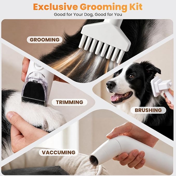 8-in-1 Dog Vacuum & Dryer Grooming Kit with Clipper, 3-Level Adjustable Speed & Temp,12000Pa Dog Vacuum for Shedding Grooming, 2.2L Dust Cup, 4.9ft Hose