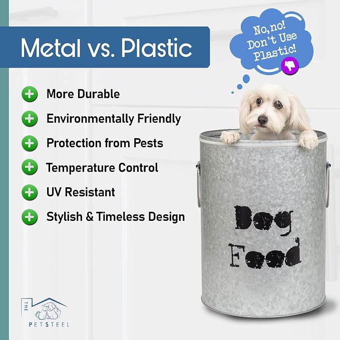 Medium Dog Up To 40lb Pet Food Storage Canister with Scoop – Durable & Airtight for Freshnesss, Minimalist Design & Recyclable, Medium Metal Container (Dog Bin - Medium Size)