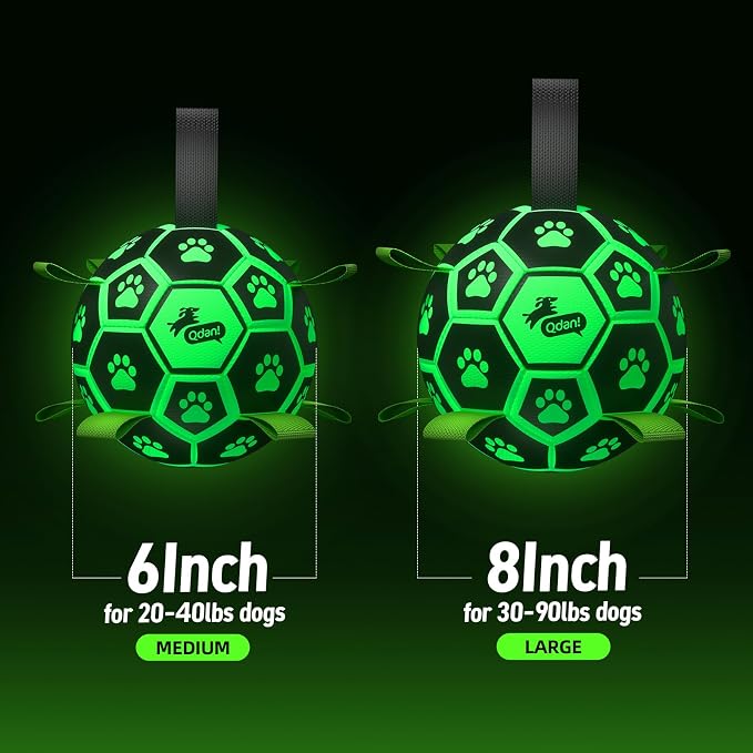 QDAN Glow in The Dark Dog Toys, Dog Soccer Ball with Straps, Night Play Fun | Light Up Dog Balls for Large Dogs, Interactive Training Dog Tug Toys for Tug of War, 8 Inch, 30-90 lbs Puppy Ball, Dog Gifts