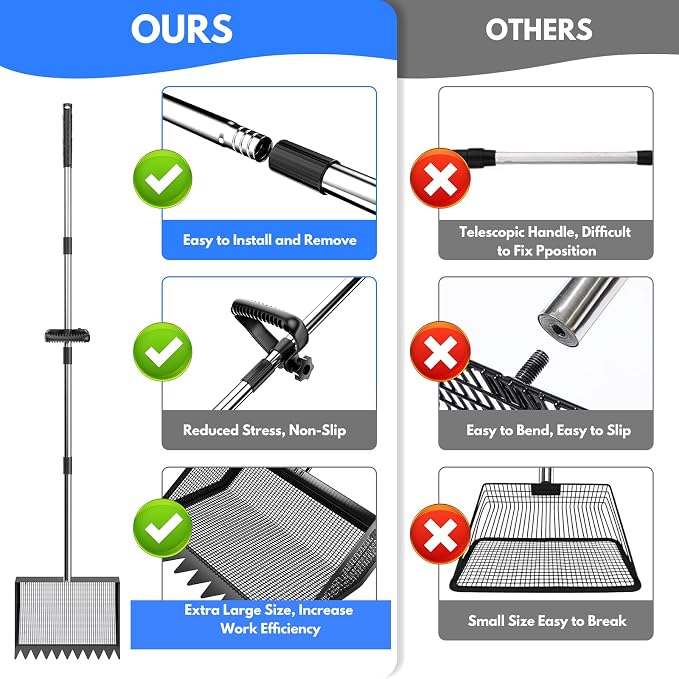 Chicken Poop Scooper Rake 2-in-1,304 Stainless Steel Shovel Head, Chicken Litter Scoop with Handle for Chicken Coop for Sand, Pet Waste Cleaning, Litter Sifting Shovel (35 to 65") (Black, 10inch)