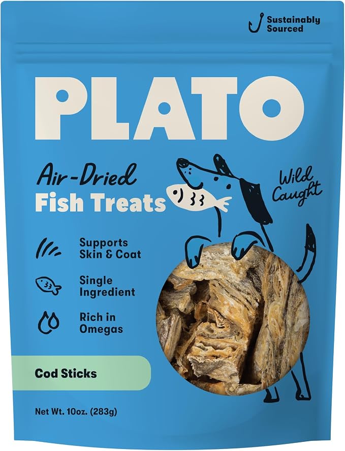 Plato Single Ingredient Wild-Caught Cod Skin Sticks Dog Treats, Air-Dried Omega-Rich Skin & Coat Support, 10 oz