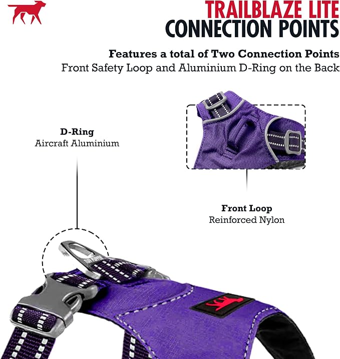 Tuff Pupper All-Day Wear Dog Harness | for Walking, Trail Running, Hiking | Front & Back Leash Clips | Reflective Trim | Easy On/Off Buckles | Lightweight Breathable | No Pull Design (XS, Purple)
