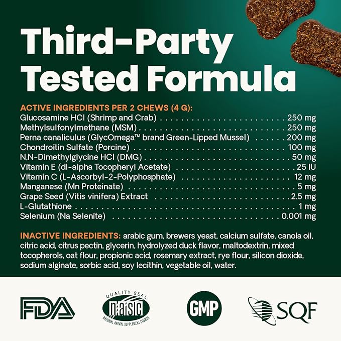 VetriScience Ultimate Strength Healthy Hip & Joint Chews, GlycoFlex Glucosamine, Chondroitin and Green-Lipped Mussel Joint Supplement for Small Breed Dogs, Soothe Joint Discomfort, Duck, 60 Count