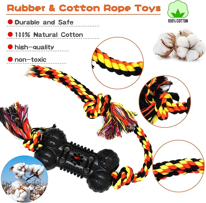 Yipetor Durable Dog Chew Toys 6 Pack, Cotton Rope Rubber Dog Toys | anti boredom, tug of war, machine washable, teeth cleaning, chew toy, ourdoors fetching, separation anxiety