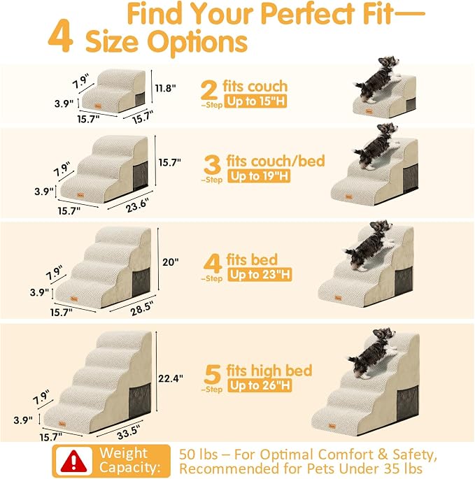 Topmart High Density Foam Dog Stairs 4 Tiers,Extra Wide Deep Pet Steps,Non-Slip Pet Stairs,Dog Ramp for Bed,Best for Older Injured Pets,Cats with Joint Pain