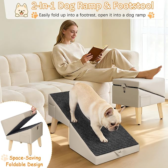 2-in-1 Foldable Dog Ramp for Couch and Bed, 14.4" H Dog Ramps for Small Dogs and Cats, Wooden Pet Stairs with Non-Slip Mat & Side Pockets, Split Ottoman Pet Ramp Steps for Medium Dogs, Puppy