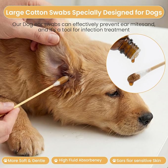 300 PCS Large Cotton Swabs - 6 Inch Dog Ear Swabs with Bamboo Handle for Pet Care - Absorbency Soft Cotton Head, Gentle and Lint-Free, Specifically Designed for Pets, Dog Ear Cleaner Tool