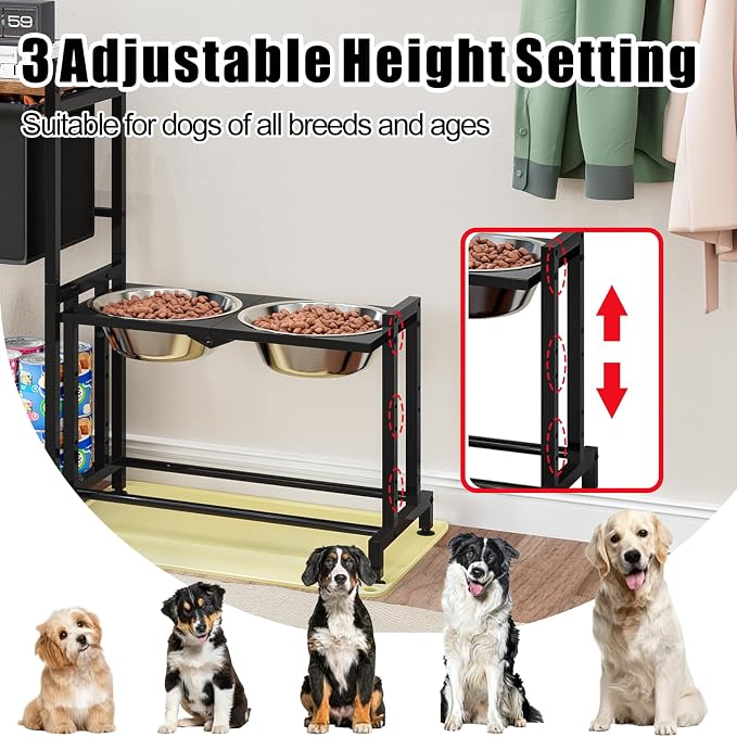 Elevated Dog Bowl Stand with Toy Basket Adjustable Metal Feeding Station Cabinet with Non-Slip Silicone Mat Pet Storage Organizer for Large Medium Small Dogs and Cats Black Include 2 Dog Bowl