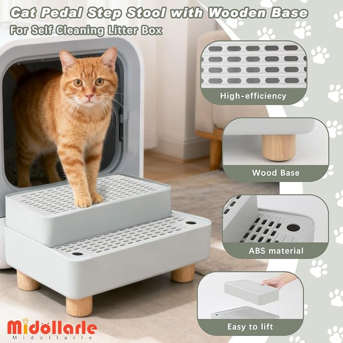 Elevated Cat Ramp for Litter Box, 2 Steps Cat Pedal Step Stool with Wooden Base, Detachable Double Layered Cats Litter Trapper, Suitable for Small&Elderly Cats, Non-Slip(Grey)