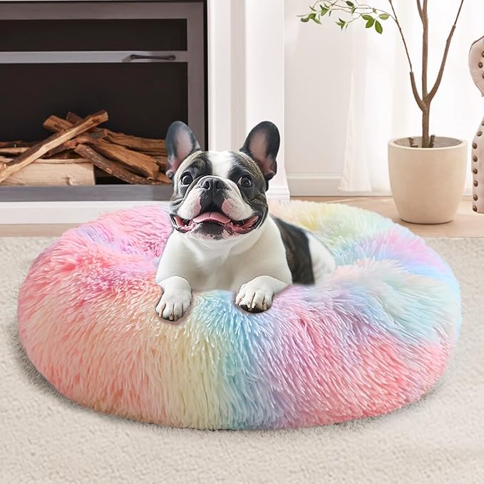 JOLLYVOGUE 23" Calming Donut Dog & Cat Bed, Rainbow