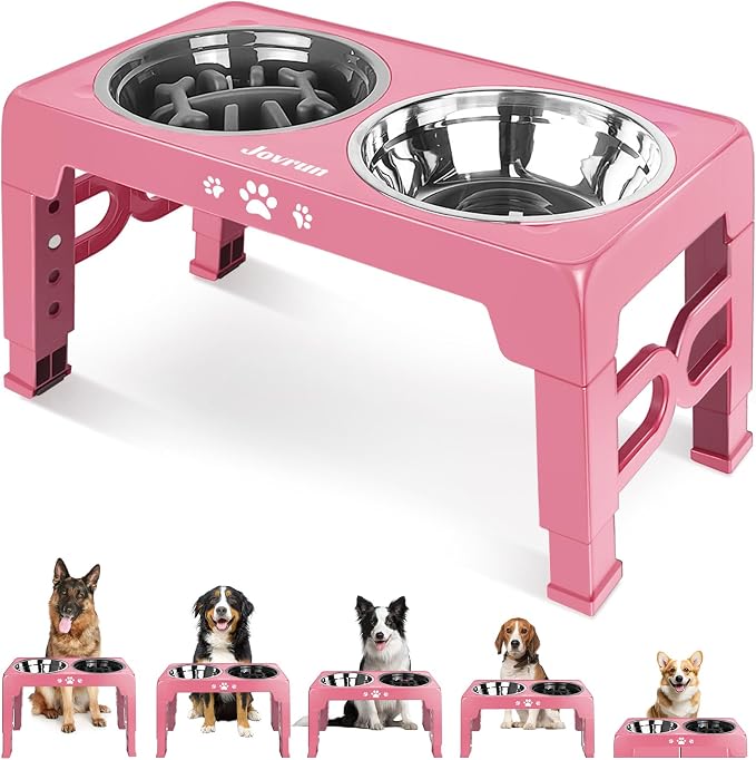 Jovrun Elevated Dog Bowls for Small Medium Large Size Dogs, Non-Slip Dog Feeder with 2 Food Water Bowls, 2-5 Heights Adjustable Raised Bowls Stand