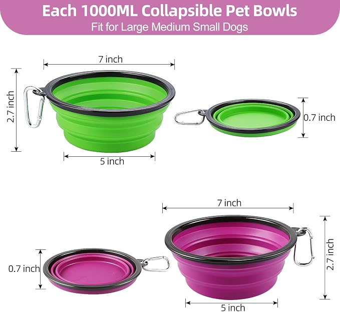 Kytely Large Collapsible Dog Bowls, 2 Pack, 34oz, Green+Purple