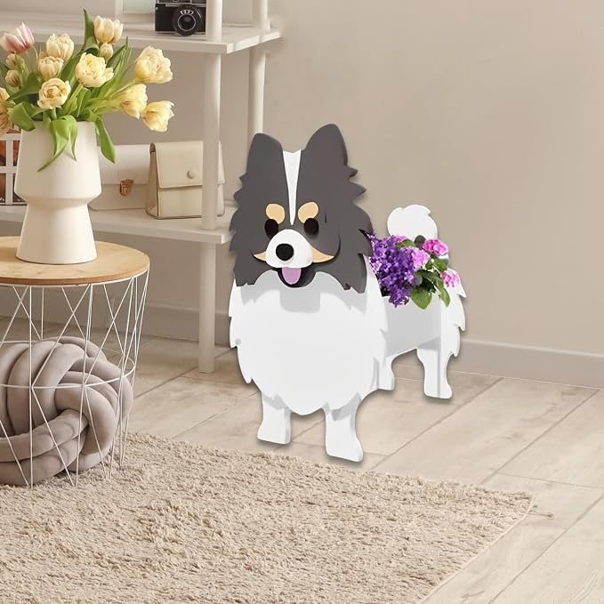 Grey and White Pomeranian Dog Planter, Animal Shaped Flower Pot