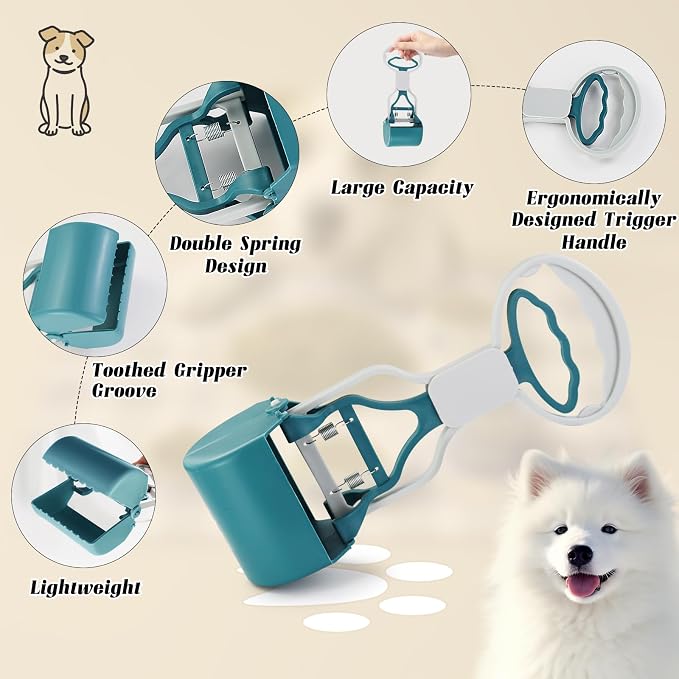 Andiker Dog Pooper Scooper with Short Handle, 10.23" Tall Dual-Spring Pet Pooper Scooper with 1 Roll of Dog Poop Bag and a Dispenser Easy to Use Dog Poop Scooper (Dark Purple)