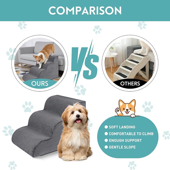 Dog Stairs for Small Dogs,15.7" H Pet Stairs 3-Steps Ramp for Puppy, Older Cat, Stairs with Whole 30D High Density Foam, Corduroy Fabric, Non-Slip Bottom Dog Steps for Bed and Couch (Grey, 3-Step)