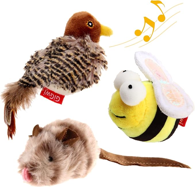 Gigwi 3 Pack Automatic Cat Toys, Interactive Squeaky Toys for Cats Inddoor | Stimulate Cat Hunting Instinct, Relieve Boredom, Squeaky Bird Bee and Mouse, Soft Plush, Perfect for Puppy Indoor Play
