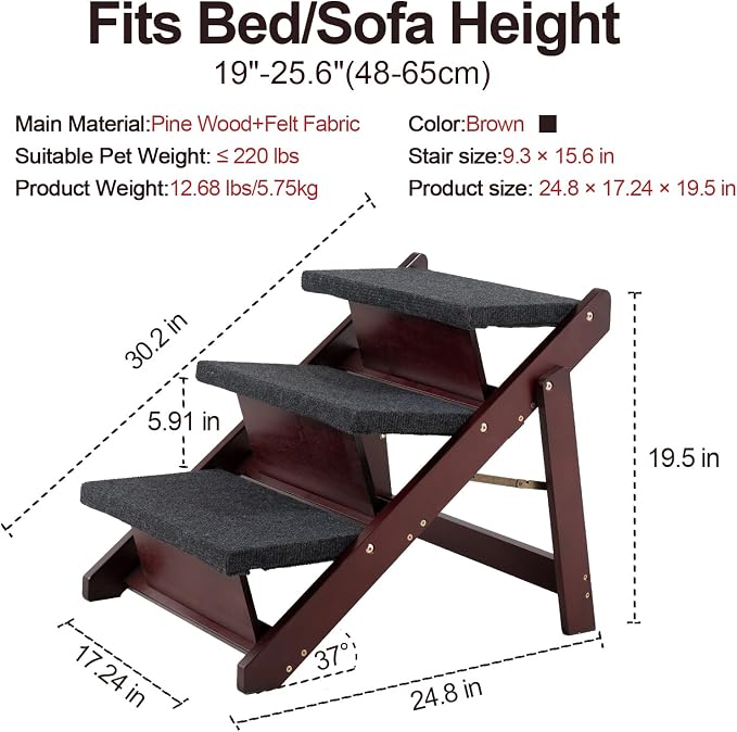 MEWANG Wooden Pet Stairs/Pet Steps - 3-in-1 Foldable Stairs & Ramp for Beds and Cars - Portable Dog/Cat Ladder Up to 220 Pounds - Great for Small and Older Animals(Brown) (24.8" L x 17.2" W x 19.5" H)