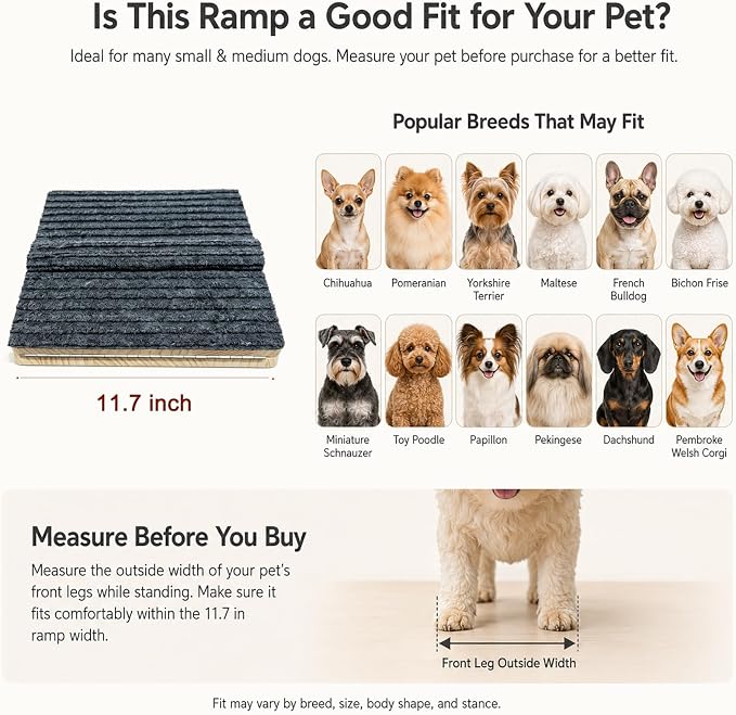 2 Pack Solid Wood Dog Ramp with Pause Strip - Foldable Pet Ramp for Stairs, 4 Heights Adjustable, Non-Slip Silicone Base & Traction Felt, for Small Dogs, Corgis & Senior Pets