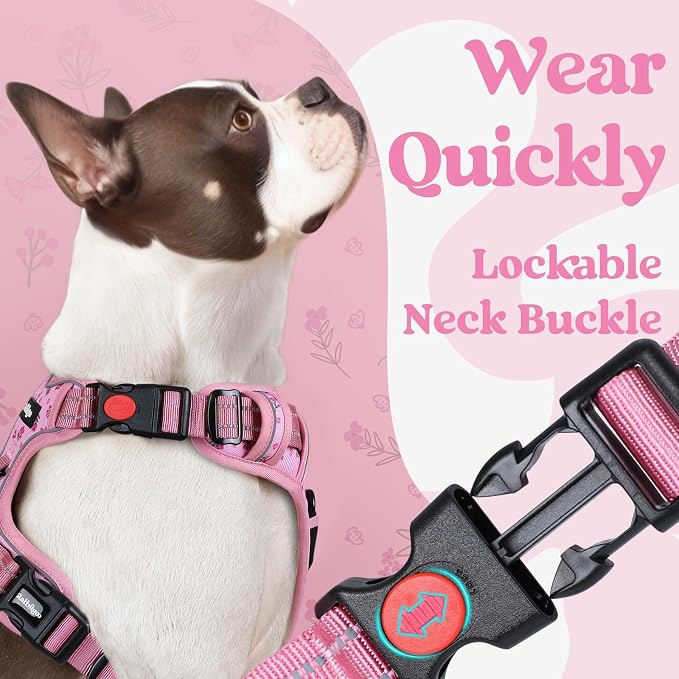 rabbitgoo Dog Harness Medium Sized, Updated Easy On & Off with 3 Buckles | No Pull No Choke, Walking with 2 Clips and Handle, Adjustable Soft Reflective, Floral Pink, Medium