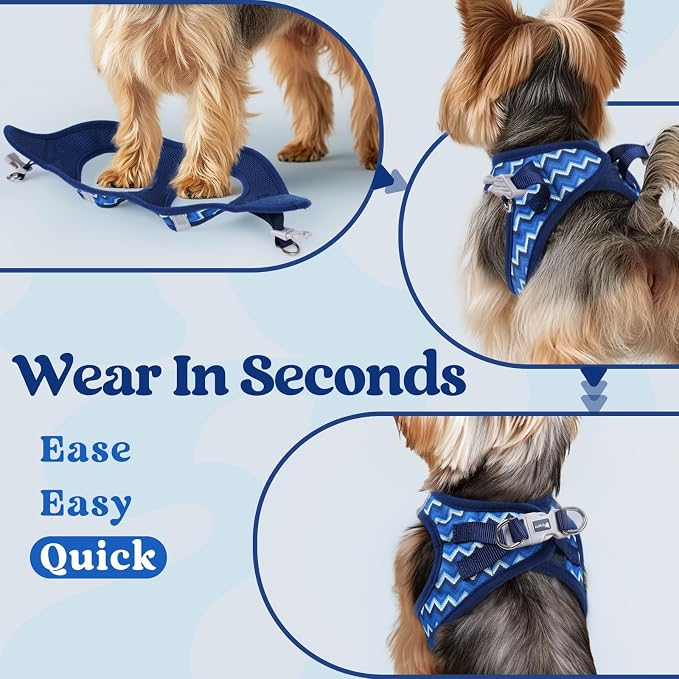 rabbitgoo Step-in Small Dog Harness, Puppy Vest for Small Sized Pet | Easy Put on and off, Lightweight, Soft, Breathable Quick-Dry Air Mesh for Comfortable Secure Walking, Blue Zigzag S