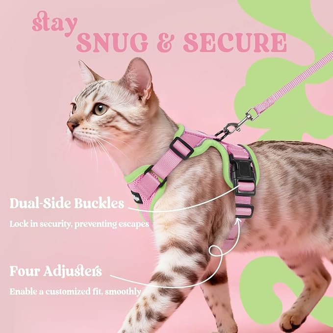 rabbitgoo Cat Harness and Leash Set, Escape Proof Vest, Pink & Light Green | Soft Breathable Mesh, Easy Adjustable Fit, Snap Buckles, Sturdy Clip, Reflective Strips, for Average Cats Walks, S