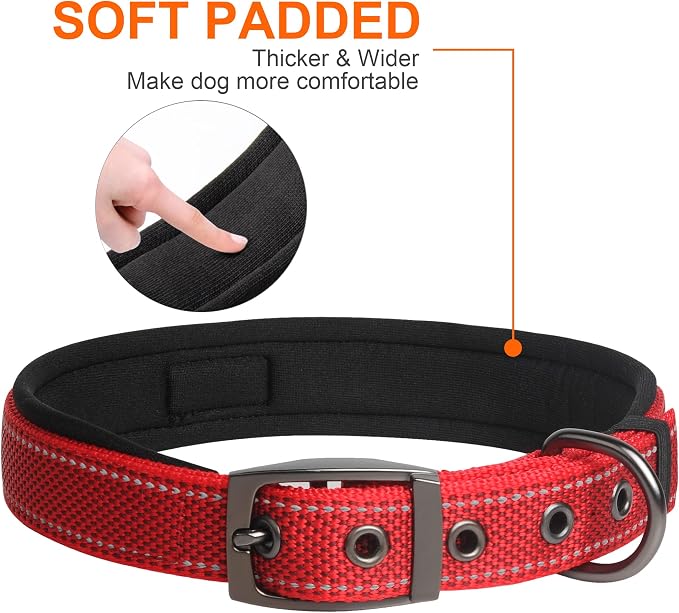 Fida Padded Dog Collar for Small Dogs with Metal Belt Buckle, Red | Soft Neoprene Padded for Extra Comfort, Durable Nylon Webbing, Adjustable Fit, Reflective Stitching for Night Safety