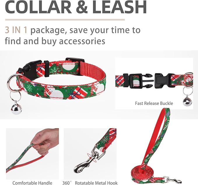 PUPTECK Adjustable Dog Harness Collar and Leash Set Step in No Pull Pet Harness for Small Medium Dogs Puppy and Cats Outdoor Walking Running, Soft Mesh Padded Reflective Vest Harnesses, Christmas, XS