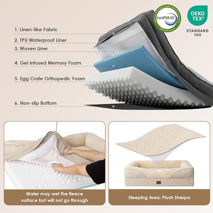 EHEYCIGA Orthopedic Memory Foam Dog Bed - XL 48x35in, Beige
