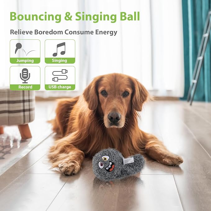 PETGEEK Interactive Dog Toys Ball - Rechargeable, Squeaky Plush Crazy Bouncer Dog Ball with Wiggles & Vibrations, Durable Moving Vibrating Toy for Small, Medium, Large Dogs (6 Inches, Gray)
