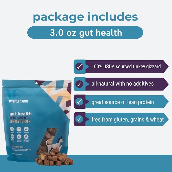 Momentum Carnivore Nutrition Freeze-Dried Gut Health Topper for Dogs & Cats – Turkey Gizzard, Raw Goat Milk, Ginger & Dandelion Root – 3 oz Bag