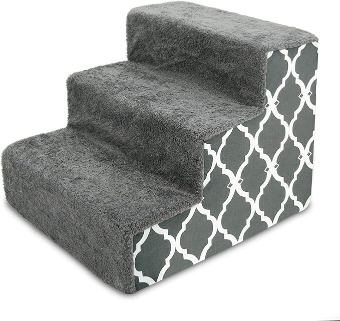 Best Pet Supplies Dog Stairs & Steps - Foam Steps for Small Dogs & Cats, Non-Slip Indoor Balanced Pet Step Support, Dog Ramp, No Assembly, Gray Lattice Print, 3-Step (13.5-inch Height)