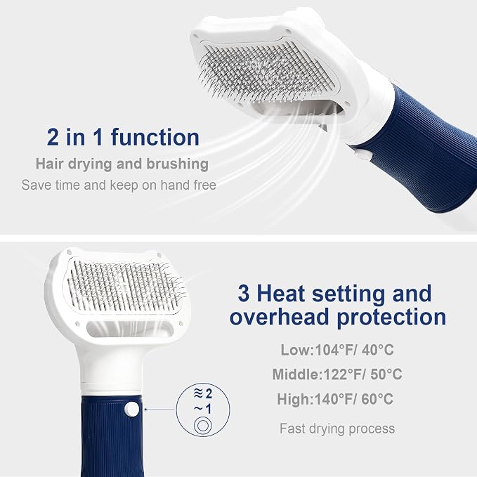 3-in-1 Dog Hair Dryer with Slicker Brush for Small and Medium-Sized Dogs and Cats Pet Hair Dryer Dog Blow Dryer Portable Overheat Protection Adjustable Temperature