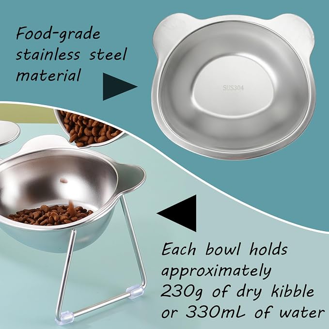 2 Pack Elevated Pet Bowls for Small Cats and Dogs: 15° Tilted Anti-Vomiting Stainless Steel Raised Dishes, 5.9” Whisker & Spine Friendly Indoor Food & Water Bowls