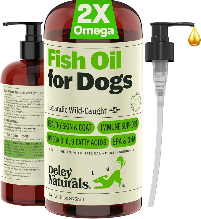 Deley Naturals Fish Oil for Dogs - Itch Relief for Dogs with Omega 3 6 9 for Skin, Joints, Heart and Brain Health - Icelandic Omega 3 Fish Oil for Dogs Skin Irritation - 16oz Omega Oil Made in USA
