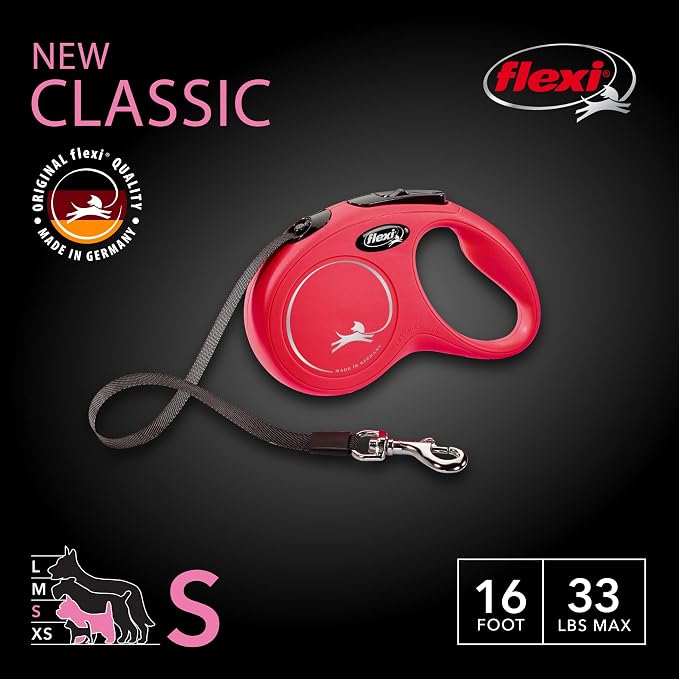 FLEXI® Classic Tape Retractable Dog Leash, Small, 16 ft - Red | German engineered, original flexi leash, durable quality for dogs up to 33 lbs, tangle-free, walking, reliable brake system
