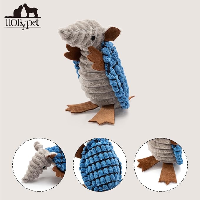 Hollypet Armadillo Squeaky Puppy Dog Toys for Small Medium Dogs, 6" | plush stuffed small dog squeak animal toy with unique grunt squeaker textured fabric for teeth cleaning toys