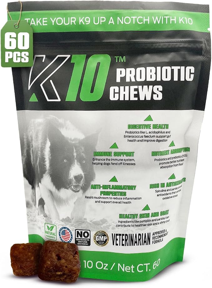 K10 Probiotic Chews for Dogs, Probiotic & Prebiotic Formula, 60 Count